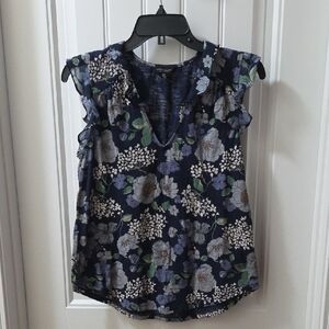 Women's Navy Floral Ruffle-Trim V-Neck Blouse
